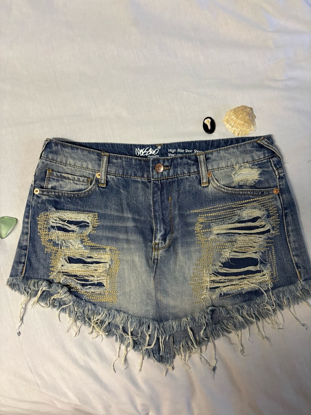 Mossimo Denim Distressed High-Rise Blue Mini Skirt with Frayed Hem